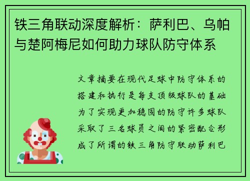 铁三角联动深度解析：萨利巴、乌帕与楚阿梅尼如何助力球队防守体系