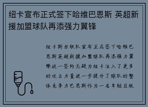 纽卡宣布正式签下哈维巴恩斯 英超新援加盟球队再添强力翼锋